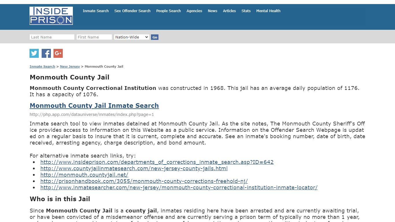 Monmouth County Jail - New Jersey - Inmate Search